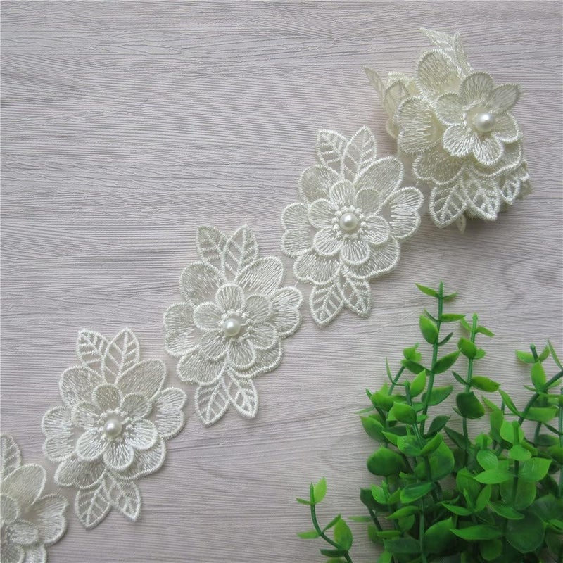 SHBBON 2 Yards 3D Flower Lace Trim Pearl Embroidered Polyester Lace Ribbon Fabric Applique Patchwork for Wedding Dress Handmade DIY Sewing Craft Supplies Decoration (Beige) - Image 5